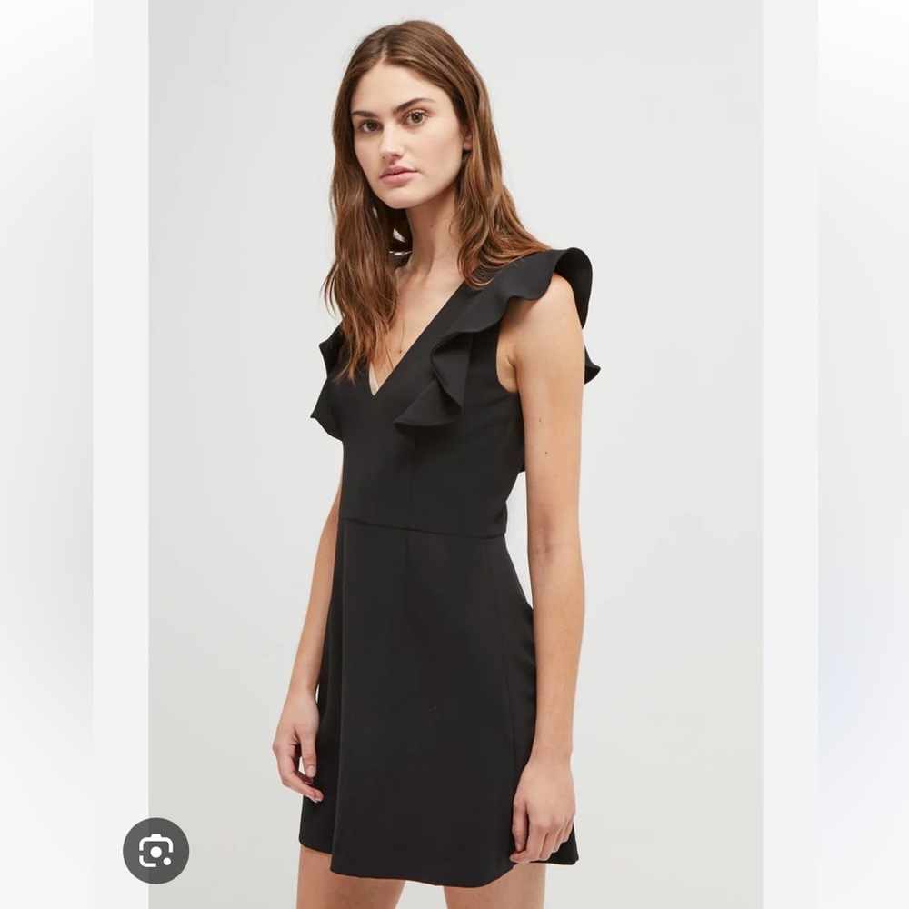 French Connection Whisper Ruffle V Neck Black Dress